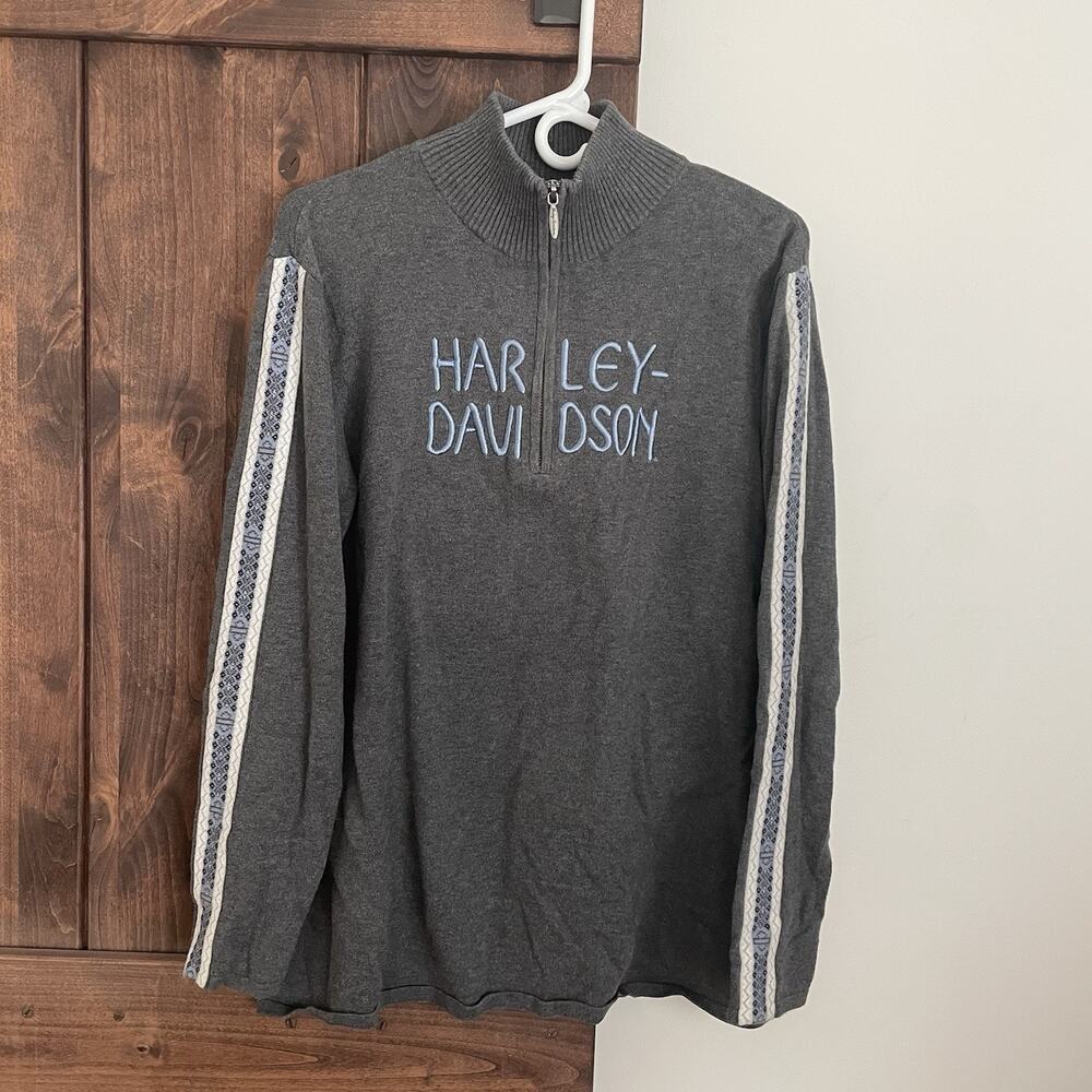 Harley-Davidson Sweater Womens 2XL Gray 1/4 Zip Mock Neck Stripe Sleeve Biker